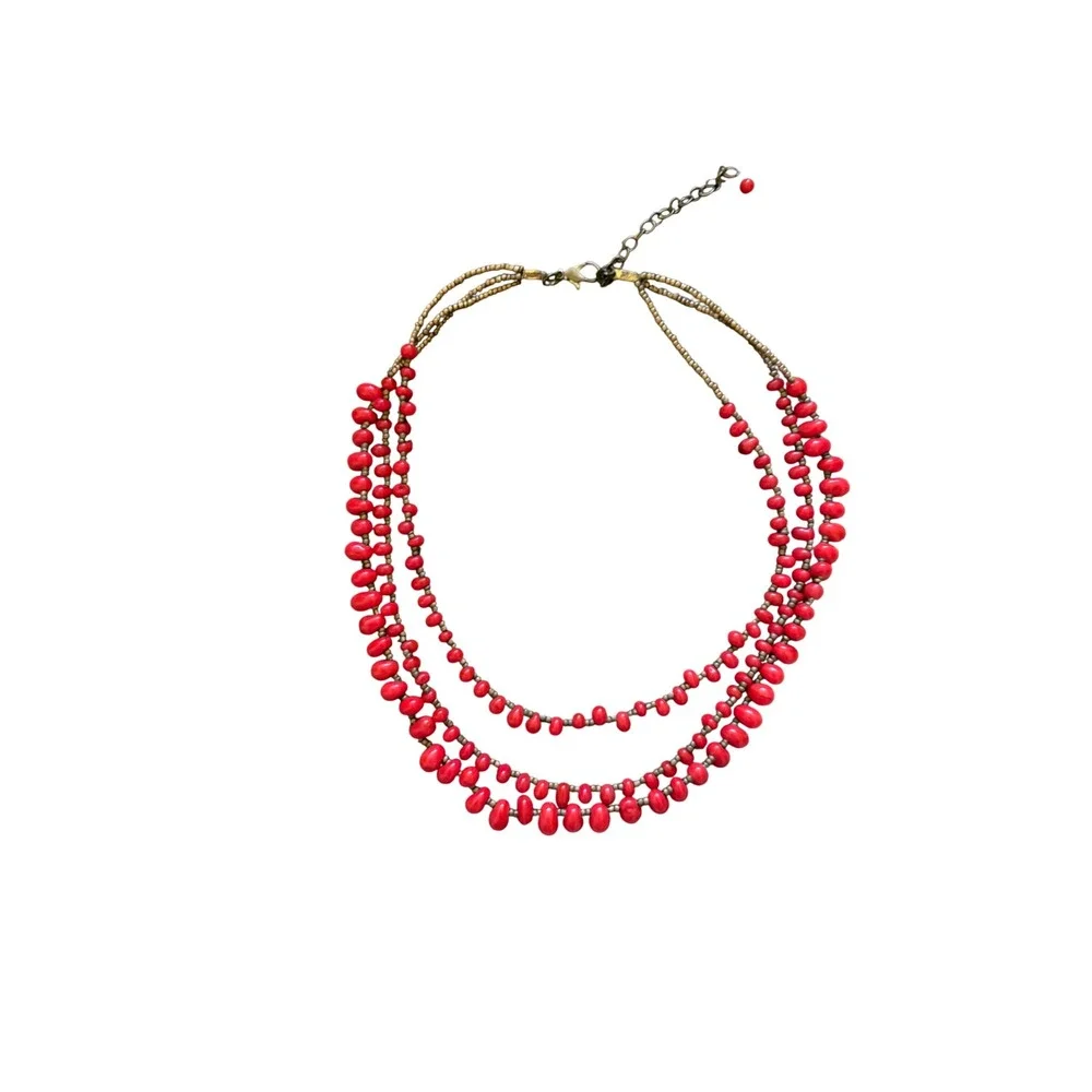 Red Beaded Multi Strand Tiered Necklace and Stretch Bracelet Jewelry Set Boho